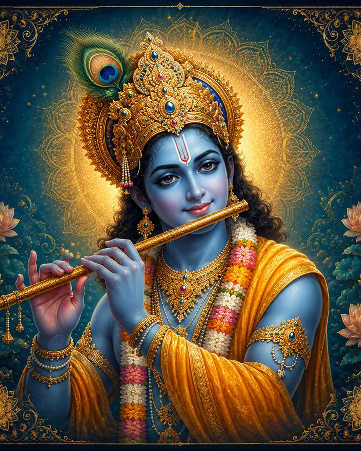 Traditional devotional depiction of Krishna playing the flute