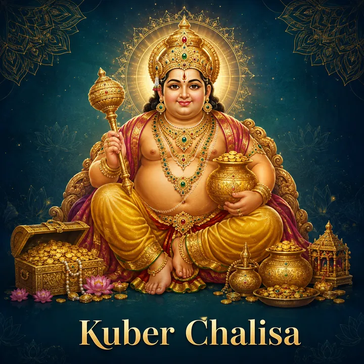 Devotional illustration accompanying Kuber Chalisa, framed by a gold mandala halo and ornamental corner border on a deep blue background