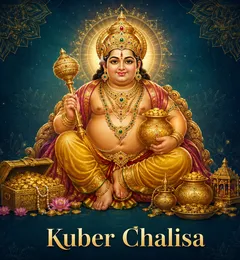 Devotional illustration accompanying Kuber Chalisa, framed by a gold mandala halo and ornamental corner border on a deep blue background