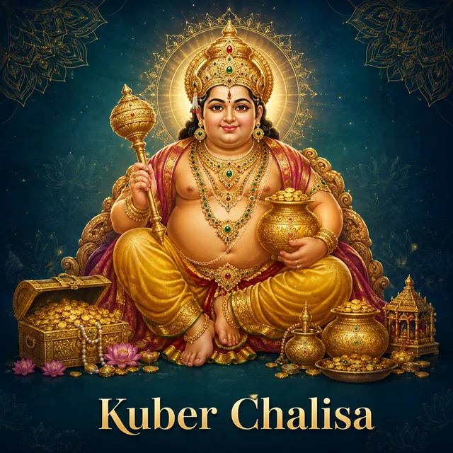 Devotional illustration accompanying Kuber Chalisa, framed by a gold mandala halo and ornamental corner border on a deep blue background