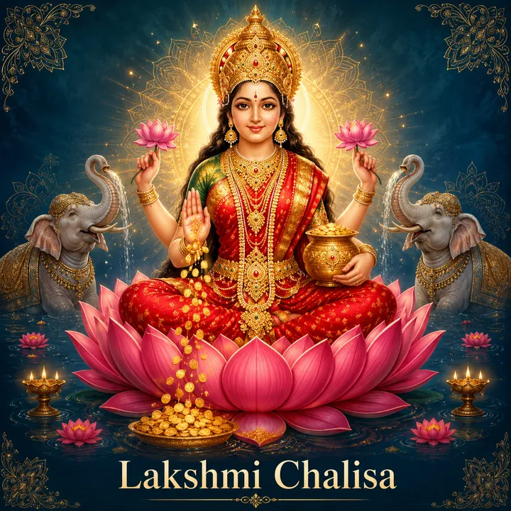 Devotional illustration accompanying Lakshmi Chalisa, framed by a gold mandala halo and ornamental corner border on a deep blue background