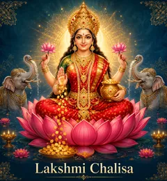 Devotional illustration accompanying Lakshmi Chalisa, framed by a gold mandala halo and ornamental corner border on a deep blue background