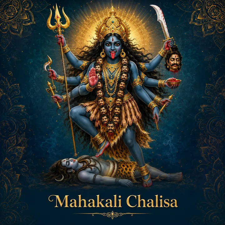 Devotional illustration accompanying Mahakali Chalisa, framed by a gold mandala halo and ornamental corner border on a deep blue background