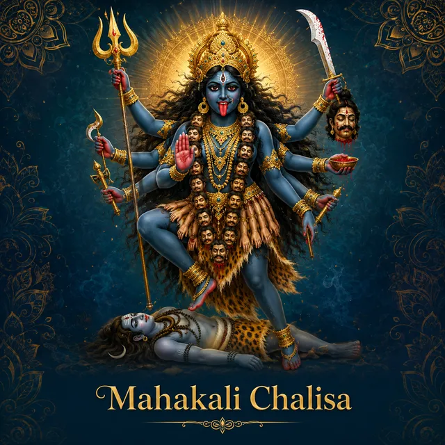 Devotional illustration accompanying Mahakali Chalisa, framed by a gold mandala halo and ornamental corner border on a deep blue background
