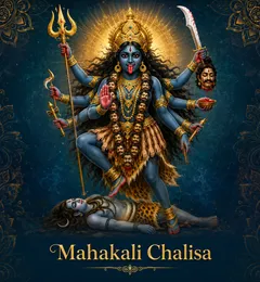 Devotional illustration accompanying Mahakali Chalisa, framed by a gold mandala halo and ornamental corner border on a deep blue background