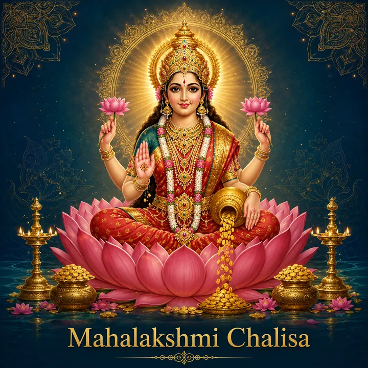 Devotional illustration accompanying Mahalakshmi Chalisa, framed by a gold mandala halo and ornamental corner border on a deep blue background