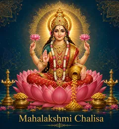 Devotional illustration accompanying Mahalakshmi Chalisa, framed by a gold mandala halo and ornamental corner border on a deep blue background