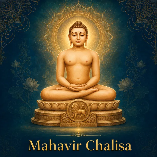 Devotional illustration accompanying Mahavir Chalisa, framed by a gold mandala halo and ornamental corner border on a deep blue background