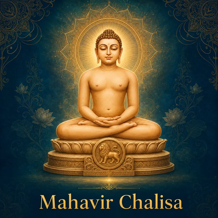 Devotional illustration accompanying Mahavir Chalisa, framed by a gold mandala halo and ornamental corner border on a deep blue background