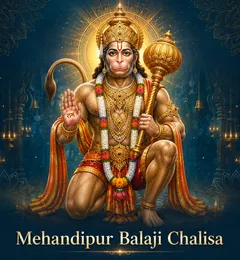 Devotional illustration accompanying Mehandipur Balaji Chalisa, framed by a gold mandala halo and ornamental corner border on a deep blue background