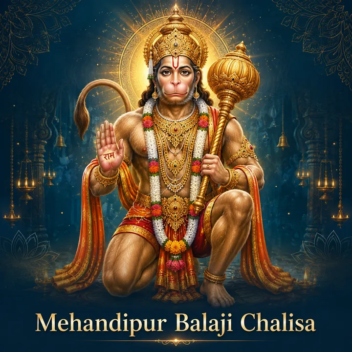 Devotional illustration accompanying Mehandipur Balaji Chalisa, framed by a gold mandala halo and ornamental corner border on a deep blue background