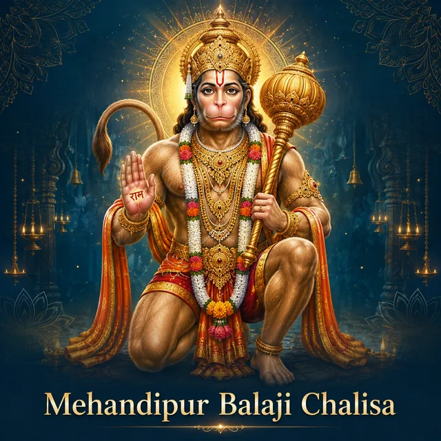 Devotional illustration accompanying Mehandipur Balaji Chalisa, framed by a gold mandala halo and ornamental corner border on a deep blue background