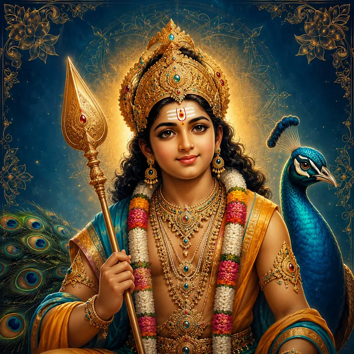 Traditional devotional depiction of Murugan, youthful and crowned, holding the Vel spear beside a peacock