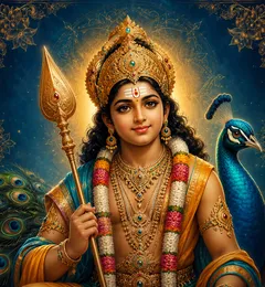 Traditional devotional depiction of Murugan, youthful and crowned, holding the Vel spear beside a peacock