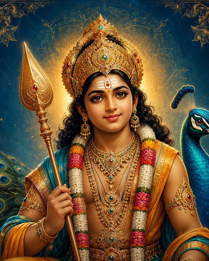 Traditional devotional depiction of Murugan, youthful and crowned, holding the Vel spear beside a peacock