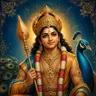 Traditional devotional depiction of Murugan, youthful and crowned, holding the Vel spear beside a peacock