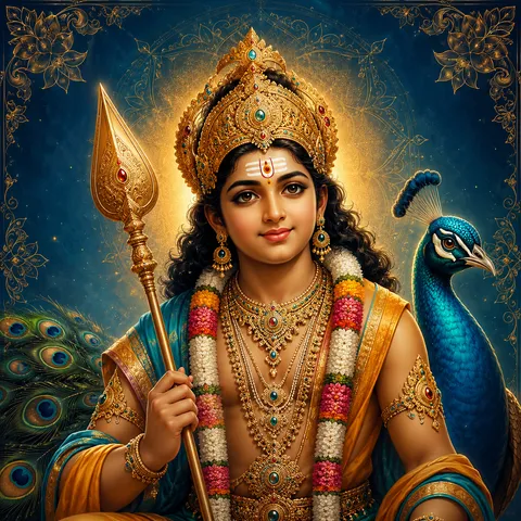 Traditional devotional depiction of Murugan, youthful and crowned, holding the Vel spear beside a peacock