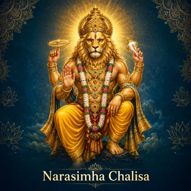 Devotional illustration accompanying Narasimha Chalisa, framed by a gold mandala halo and ornamental corner border on a deep blue background