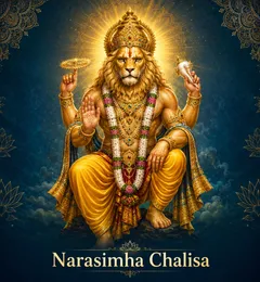 Devotional illustration accompanying Narasimha Chalisa, framed by a gold mandala halo and ornamental corner border on a deep blue background