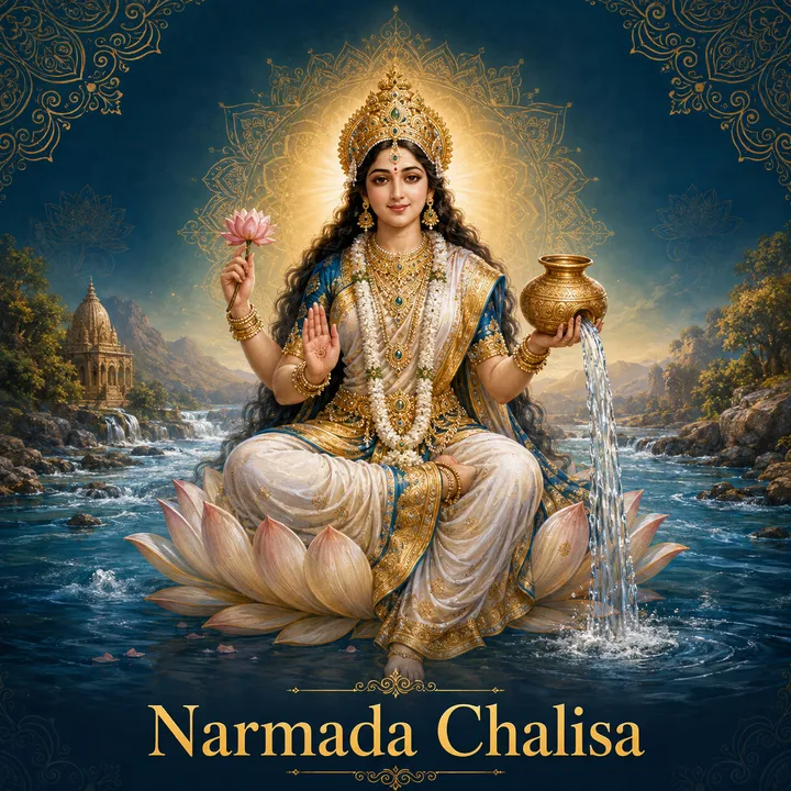Devotional illustration accompanying Narmada Chalisa, framed by a gold mandala halo and ornamental corner border on a deep blue background