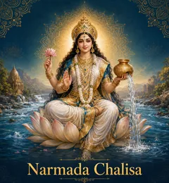 Devotional illustration accompanying Narmada Chalisa, framed by a gold mandala halo and ornamental corner border on a deep blue background