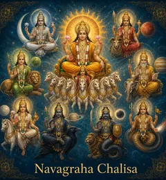 Devotional illustration accompanying Navagraha Chalisa, framed by a gold mandala halo and ornamental corner border on a deep blue background