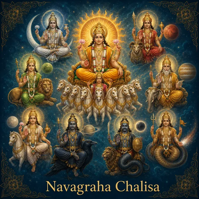 Devotional illustration accompanying Navagraha Chalisa, framed by a gold mandala halo and ornamental corner border on a deep blue background