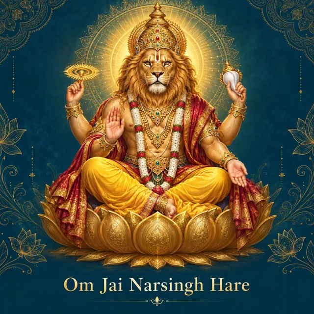 Devotional illustration accompanying Om Jai Narsingh Hare