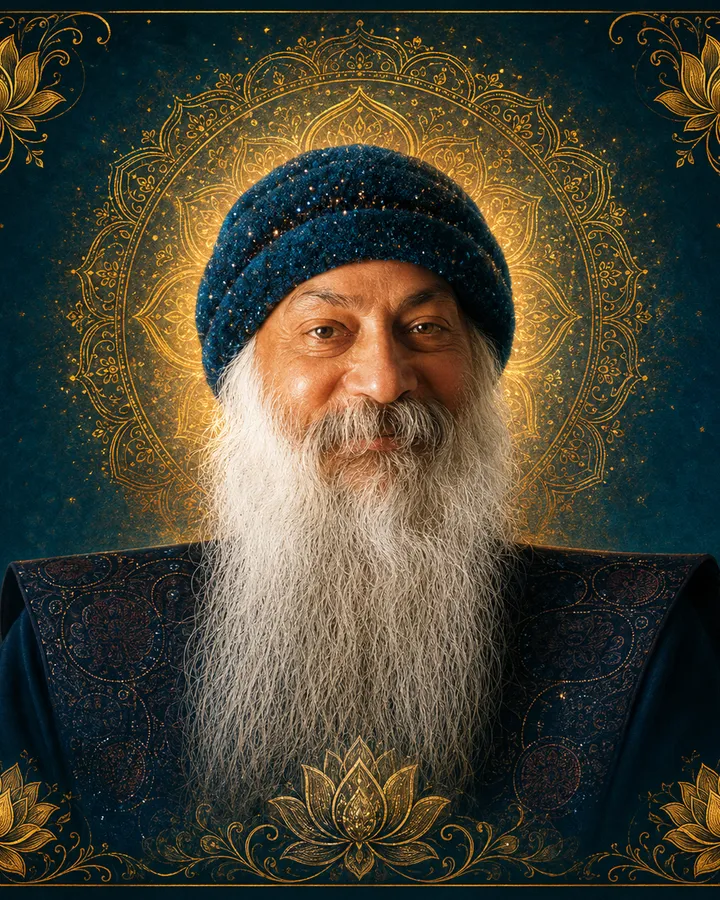Traditional devotional depiction of Osho wearing a dark knit cap and richly patterned robe, with a long white beard, set against a golden mandala halo and teal filigree background