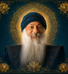 Traditional devotional depiction of Osho wearing a dark knit cap and richly patterned robe, with a long white beard, set against a golden mandala halo and teal filigree background