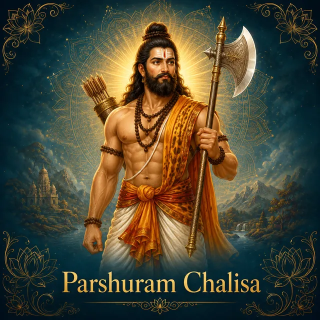 Devotional illustration accompanying Parshuram Chalisa, framed by a gold mandala halo and ornamental corner border on a deep blue background