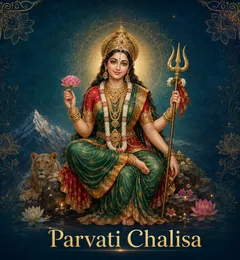 Devotional illustration accompanying Parvati Chalisa, framed by a gold mandala halo and ornamental corner border on a deep blue background