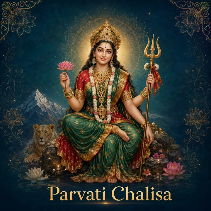 Devotional illustration accompanying Parvati Chalisa, framed by a gold mandala halo and ornamental corner border on a deep blue background