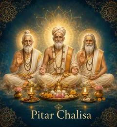 Devotional illustration accompanying Pitar Chalisa, framed by a gold mandala halo and ornamental corner border on a deep blue background