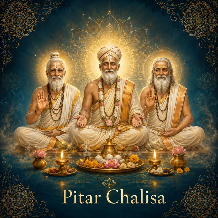 Devotional illustration accompanying Pitar Chalisa, framed by a gold mandala halo and ornamental corner border on a deep blue background