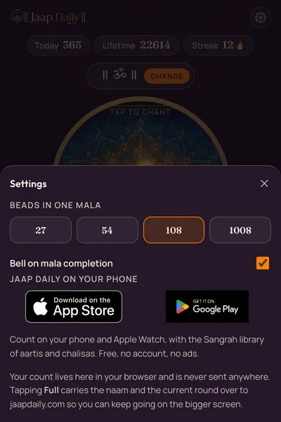 The settings sheet: mala size 27, 54, 108 or 1008, a bell toggle, the App Store and Google Play badges, and a note saying the count stays in your browser.