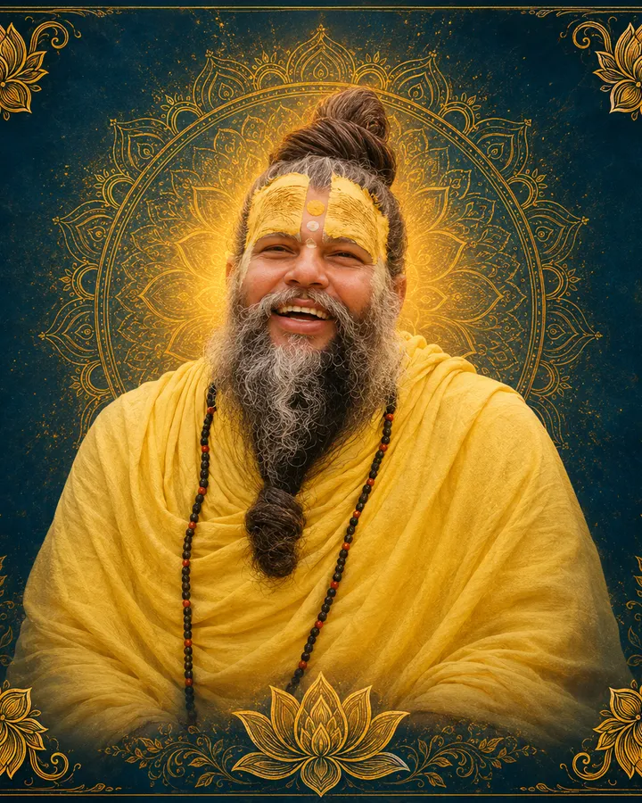 Traditional devotional depiction of Premanand Govind Sharan smiling, wearing yellow robes and a mala, with a grey beard and tilak on his forehead, set against a golden mandala halo