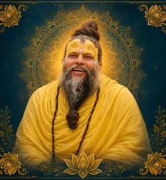 Traditional devotional depiction of Premanand Govind Sharan smiling, wearing yellow robes and a mala, with a grey beard and tilak on his forehead, set against a golden mandala halo