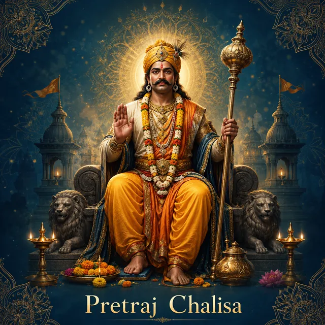 Devotional illustration accompanying Pretraj Chalisa, framed by a gold mandala halo and ornamental corner border on a deep blue background