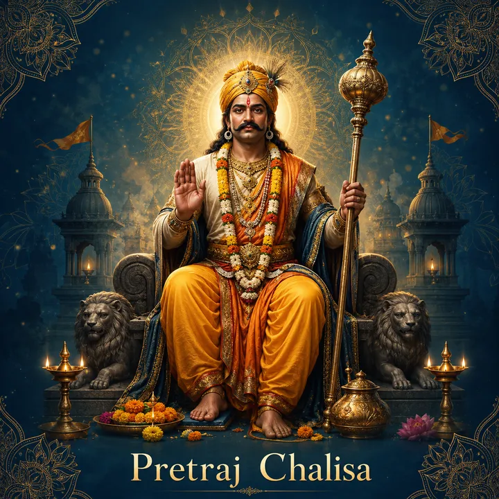 Devotional illustration accompanying Pretraj Chalisa, framed by a gold mandala halo and ornamental corner border on a deep blue background