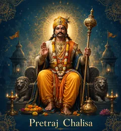 Devotional illustration accompanying Pretraj Chalisa, framed by a gold mandala halo and ornamental corner border on a deep blue background