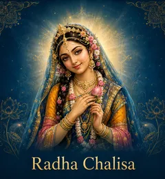Devotional illustration accompanying Radha Chalisa, framed by a gold mandala halo and ornamental corner border on a deep blue background