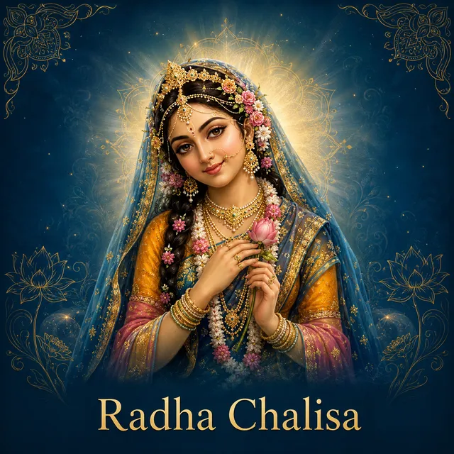 Devotional illustration accompanying Radha Chalisa, framed by a gold mandala halo and ornamental corner border on a deep blue background