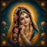 Traditional devotional depiction of Radha, adorned with flowers and gold jewelry against an ornamental halo