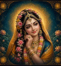 Traditional devotional depiction of Radha, adorned with flowers and gold jewelry against an ornamental halo