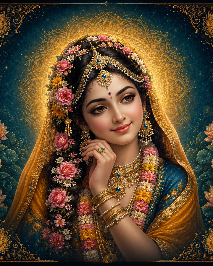Traditional devotional depiction of Radha, adorned with flowers and gold jewelry against an ornamental halo