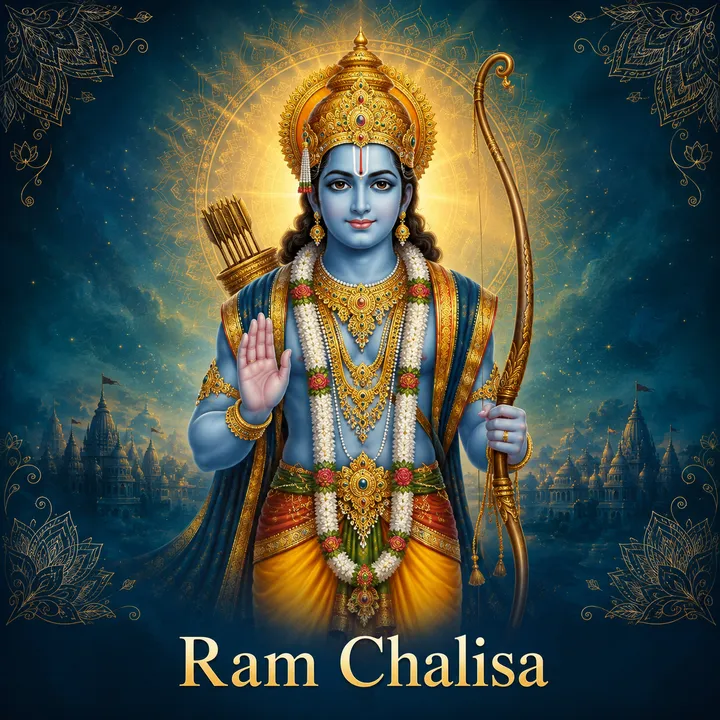 Devotional illustration accompanying Ram Chalisa, framed by a gold mandala halo and ornamental corner border on a deep blue background
