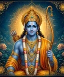 Traditional devotional depiction of Ram, holding his bow, the Kodanda