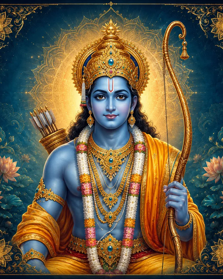 Traditional devotional depiction of Ram, holding his bow, the Kodanda