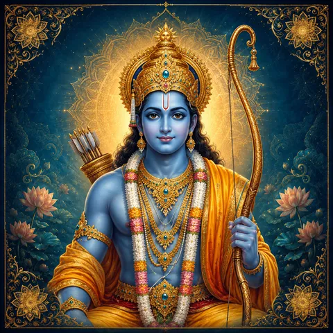 Traditional devotional depiction of Ram, holding his bow, the Kodanda